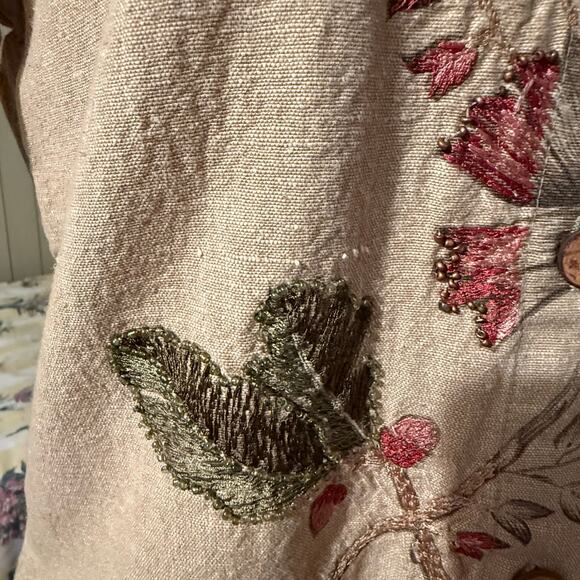 Vintage Linen Blend Button Front 3/4 Sleeve Floral Print Top Blouse Beaded SM - Picture 8 of 10